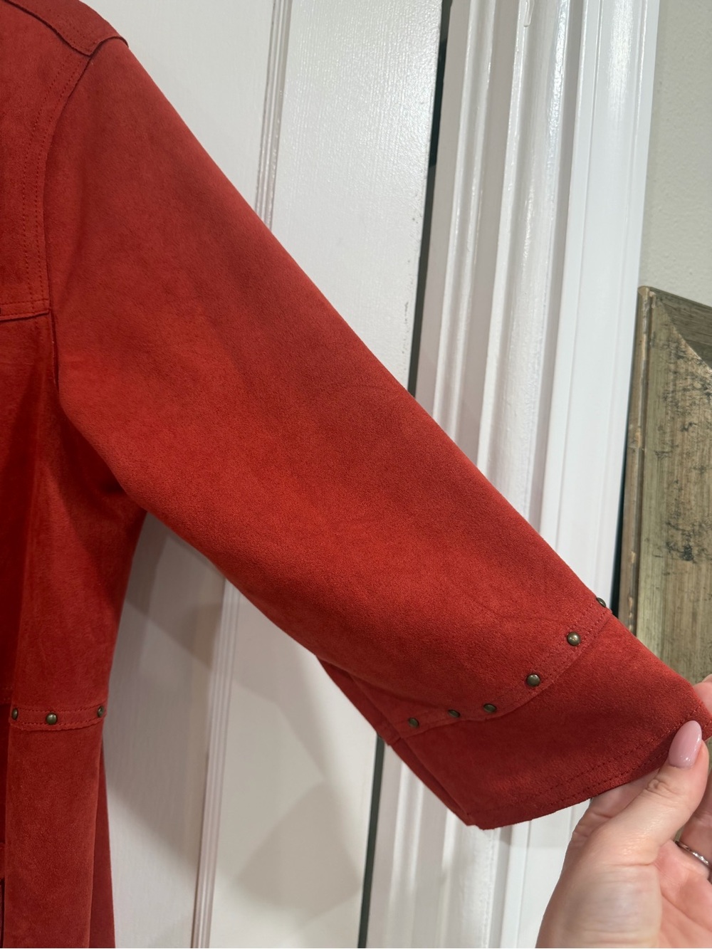 Alfred Dunner Red Suede Open-Front Jacket with Stud Trim - Picture 5 of 7
